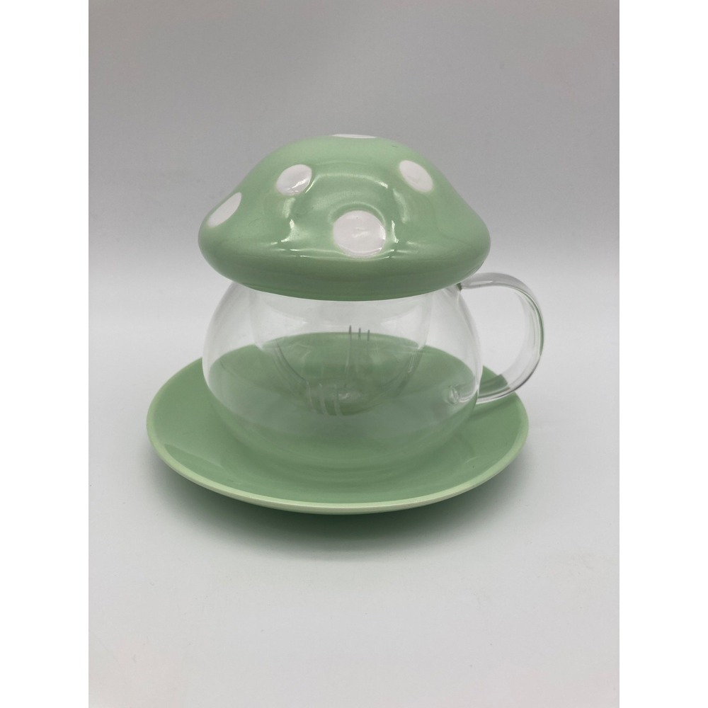 Mushroom Glass Tea Cup Set Ceramic Lid Infuser Saucer Green Polka Dot